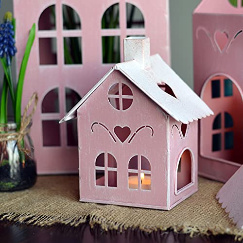 Pop Pink Town House Candle Lanterns, Set of 3, Metal, 15.75, 10.25, and 6 Inches Tall, - color: Pink