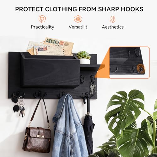Key Holder Wall Mount, Wooden Mail Organizer with Hooks, Storage Shelf, Letter Box & Green Plant Decor, Practical Wall Entryway Organizer, Black