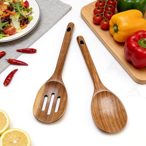 Wooden Spoon for Cooking Utensil Non Toxic Serving Mixing Slotted Spoon Set | Acacia Wood Utensils for Cooking Spoons Large Kitchen Spatula Long Stirring Spoon Scoop Korean Teak Soup Ladle Baking Spoon - color: SLOTTED+COOKING SPOONS