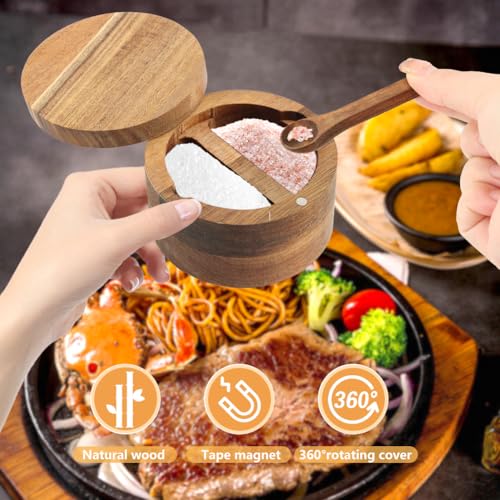 Saycker Wood Salt and Pepper Bowl, with Swivel Lid and Spoon Round Salt Container Spices Storage Box(10.3cm/4.06inch Dia) - color: L