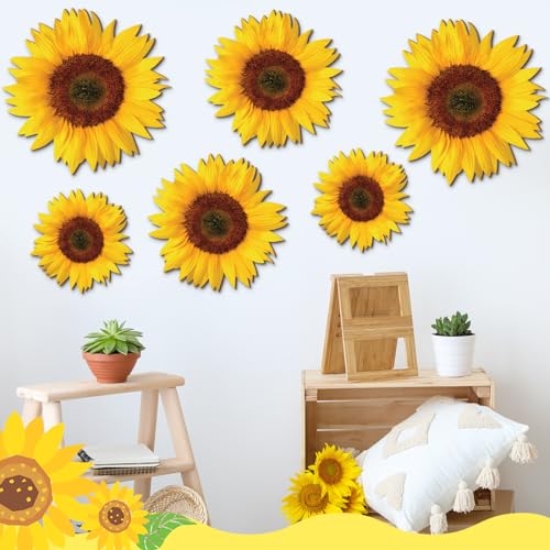 Thyle 6 Pcs Summer Sunflower Wall Decor Wood Sunflower Wall Art Farmhouse Flower Hanging Decorations Indoor Summer Flower Wooden Hanging Sign for Home, Kitchen, Porch - style: Artistic Style