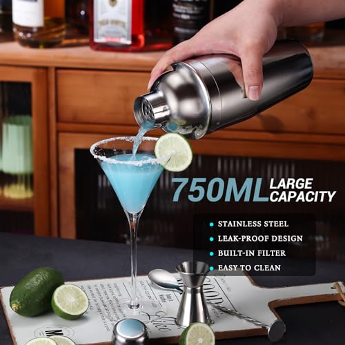 Cocktail Shaker Set Bartender Kit with Stand, 12 Piece Drink Mixer Set with Stainless Steel Bar Accessories Tools: 25oz Martini Shaker Jigger Strainer Spoon Muddler for Cocktails (Silver) - color: Silver