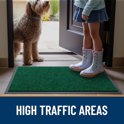 OLANLY Green 2 Piece Set, Indoor Outdoor Entrance Front Door Mat (29.5x17) & Geometric Door Mat (29.5x17)
