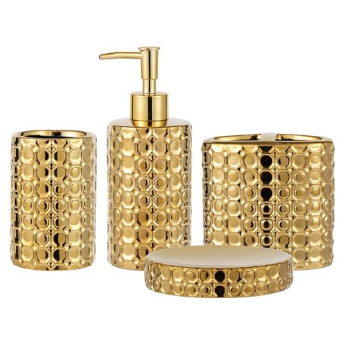 Gold Ceramic Bathroom Accessories Set, 4 Piece, Honeycomb Design with Soap Dispenser Pump, Tumbler, Toothbrush Holder, Soap Dish - color: Gold