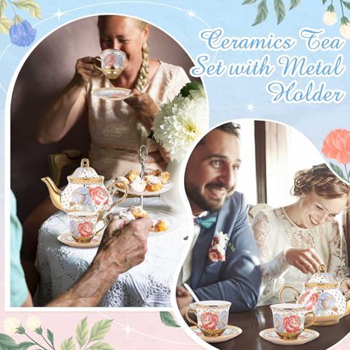 Zhehao 20 Pcs Porcelain Tea Set with Metal Holder and Spoon Adult Ceramic Tea Set European Flower Painting Teapot Cup Saucer Spoon for Women Mom Gift, Large Version (Romantic Style) - color: Romantic Style
