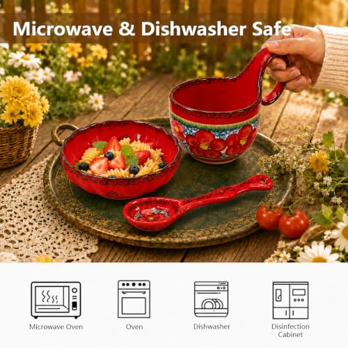 3 Piece Hand Painted Loop Handle Soup Bowl, Plate and Spoon Set,13.37oz Ceramic Cereal Cup for Coffee,Floral Bowl Set for Soup Snack Ice Cream Stew Microwave Dishwasher Safe (Red) - color: Flamenco Red