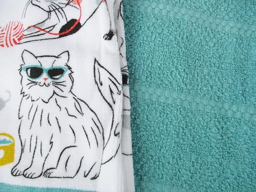 100% Cotton Kitchen Towel Set 2 Pack (Cartoon Cats and Mint Blue) - color: Cartoon Cats and Mint Blue