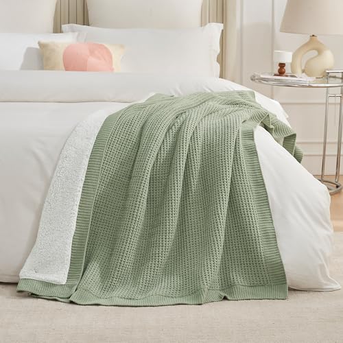 Reversible Waffle Weave Throw Blanket, Chenille Knit with Warm Sherpa, Soft Cozy Blanket for Couch, 50"x60", Sage Green - color: Waffle-sage Green