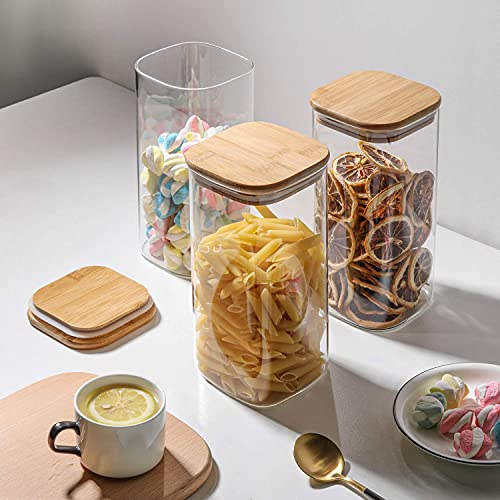 ComSaf Glass Storage Containers wtih Lids 1.6 Qt, Set of 3 Food Storage Jar | Square Kitchen Canisters, Glass Pantry Jars, Pantry Organizers, Dry Food Storage, Tea, Oat, Spice, Coffee, 51oz, BPA Free - size: 1.6Qt*3