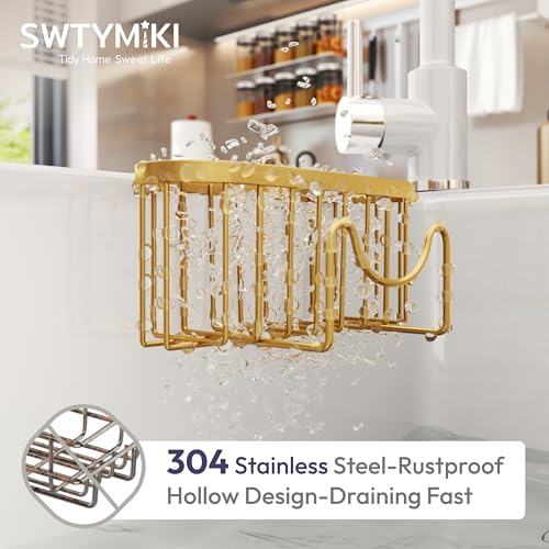 SWTYMIKI Sponge Holder for Kitchen Sink - Movable Kitchen Sink Caddy with M Shape Hook, Stainless Steel Hanging Sponge Caddy for Dish Sponge, Brush, Stopper Organizer in Double Sink, Gold - color: Gold-regular