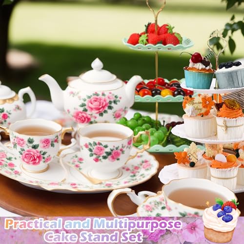 6 Pcs 3 Tier Cupcake Stand Tea Party Trays 3 Tier Serving Tray Plastic Dessert Stand Cake Fruit Candy Display Tower for Wedding Birthday Tea Party (Round,Square,White,Pink,Green) - color: White,pink,green, size: Round,Square