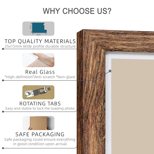 Hongkee 12x12 Picture Frame Set of 4 - Made of Glass and Rustic Brown Wooden Frame, Display Square Pictures 10x10 with Mat or 12 x 12 without Mat, Desktop & Wall Collage Photo Frame - color: Rustic Brown, size: 12x12 in