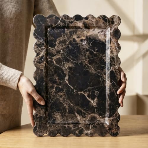 Large Dark Brown Marble Vanity Tray, Scalloped Bathroom Counter Tray | Elevates Countertops with Timeless Natural Stone Beauty - color: Dark Brown