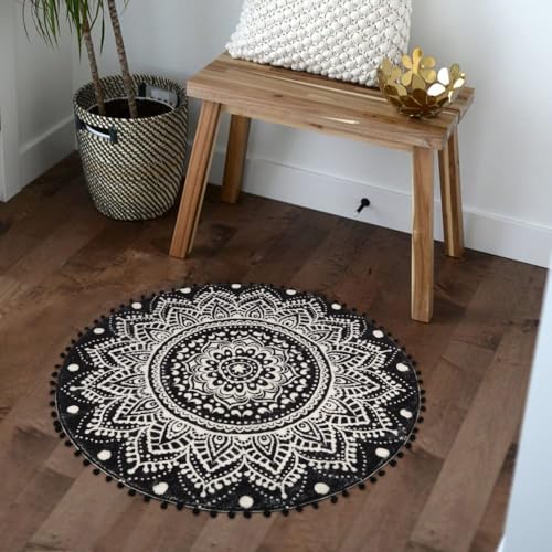 Uphome Small Round Rug 2.3’ Black Mandala Boho Bathroom Rugs with Pom Poms Fringe Washable Circle Shower Mat Soft Non-Slip Cute Circular Throw Rug for Sink Powder Room Bedroom Kids Room Nursery - color: Black-upgraded, size: 2.3' Round