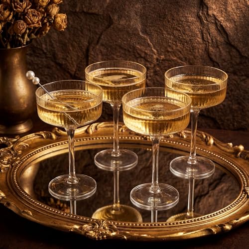 Set of 6 Champagne Coupe Glasses 8 oz Clear Ribbed Martini | Classic Design for Weddings, Elegant Martini Cups with Vertical Lines, Bar Glassware for Champagne Toasts and Parties - style: Clear