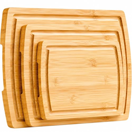 Bamboo Cutting Boards for Kitchen, Non Toxic Wooden Chopping Board Meat Set | Deep Juice Groove, Knife-Friendly, Reversible Butcher Block, Side Handles, Serving, Food Prep, Vegetable, Fruit, Meat, Cheese - size: 3-Piece