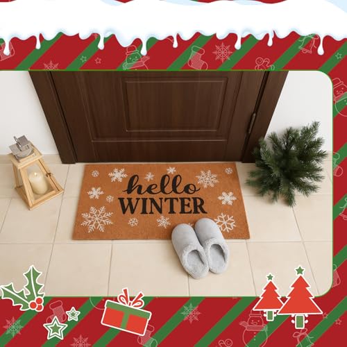 Tinideya Christmas Welcome Front Doormat, Xmas Non Slip Outdoor Mat Rug with Christmas Snowflake Decoration Pattern for Farmhouse Home Entrance Decor Yard Floor Patio, 17 x 30 Inches(Hello Winter) - style: Hello Winter
