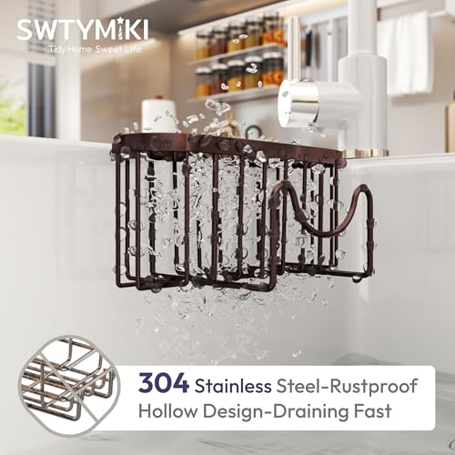 SWTYMIKI Sponge Holder for Kitchen Sink - Movable Kitchen Sink Caddy with M Shape Hook, Stainless Steel Hanging Sponge Caddy for Dish Sponge, Brush, Stopper Organizer in Double Bowl Sink, Bronze - color: Bronze-regular