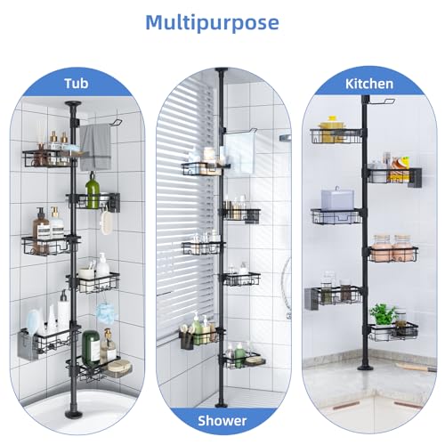 GearFusion Shower Caddy Organizer Tension Pole, Rustproof 4 Tier Corner Shower Rack with 25–114 Inch Adjustable Height for Bathroom Storage, Extra Towel Rack, Soap Dish and Toothbrush Holder, Black