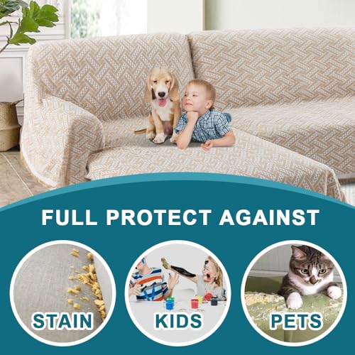 Turquoize Sectional Couch Covers L Shape Couch Cover Sectional Sofa Cover Washable 2 Pieces Blanket for Sectional Sofa Feature Geometrical Woven Jacquard Fabric (71" x 102"+63" x 110", Khaki/White) - color: Khaki/White, size: Small Sectional: 71" x 102"+6