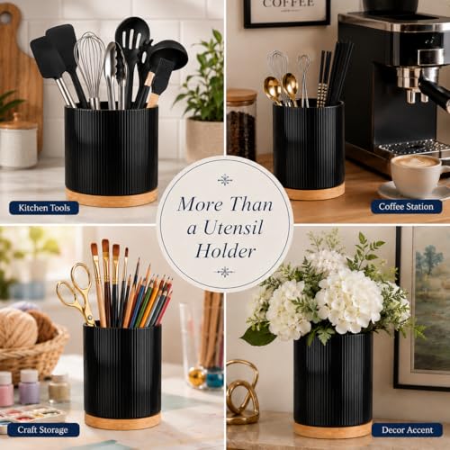 360° Rotating Kitchen Utensil Holder,Ceramic Utensil Holder for Countertop | Utensil Crock for Kitchen Counter with Rotatable Wooden Base,Ideal Housewarming Gift & Mothers Day Gift-Black - color: black