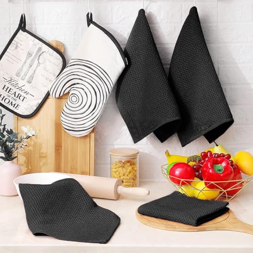 100% Cotton Waffle Weave Kitchen Dish Cloths, 6 Pack Ultra Soft Absorbent, Quick Drying Dish Towels, 12x12 Inches, Dish Rags for Drying Dishes & Daily Kitchen Use, Black - color: Black