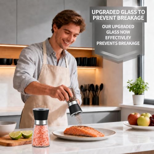 Premium Salt and Pepper Grinder Set of 2, 6 oz Refillable Glass Salt and Pepper Shakers with Adjustable Ceramic Grinder, Manual Pepper Mill Set Includes Funnel & Cleaning Brush, Transparent Lid - color: Black, size: 2.6"W x 5"H