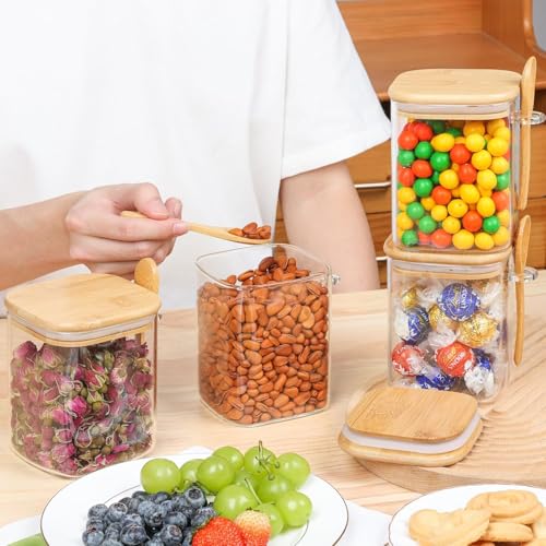 ComSaf Glass Container with Spoon & Lid 0.8 Qt, 4 Pack Glass jar with spoon | Coffee and Sugar Container Set, Coffee Bar, Salt Jar, Bamboo Lid with Silicone Seal, 27oz Canister, Spice,Seasoning, BPA Free - size: 0.8Qt*4