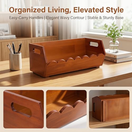 FUOYLOO Wood Pantry Storage Bin Rustic Wooden Basket with Ergonomic Handles and Open Front Design Flat Bottom Kitchen Organizer for Bread and Vegetables for Countertop and Living Room