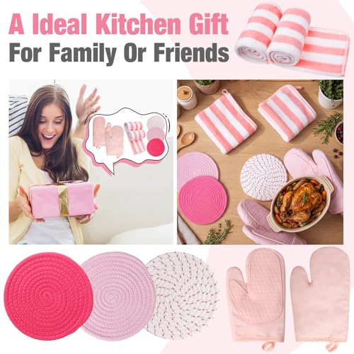 Zubebe Pink Oven Mitts and Pot Holders with Kitchen Towels Set of 7, Valentine's Day Gift for Women Heat Resistant Oven Gloves Kitchen Hand Towels Hot Pads for Cooking Baking(Heart) - style: Heart