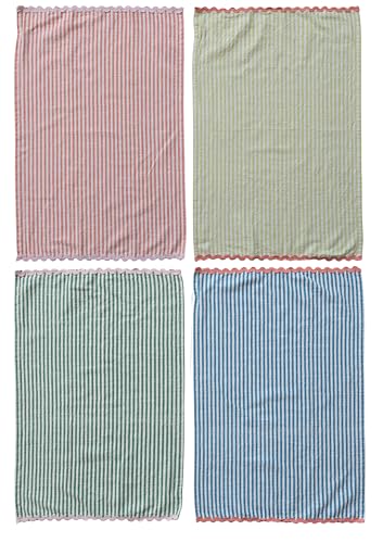 Creative Co-Op 4-Piece Woven Cotton Striped Tea Towel with RIC Rac Trim, Multicolor