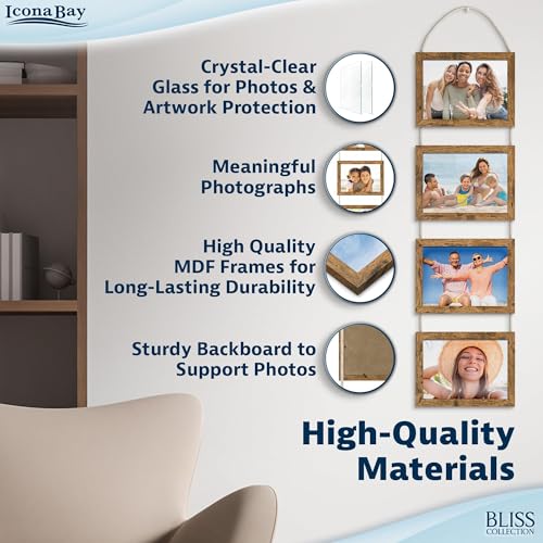 5x7 Wall Hanging Picture Frames Collage with 4 Openings - Rustic Brown - Casual Style Engineered Wood Frames - Wall Mount Only - Bliss Collection - color: Rustic Brown, size: 5x7