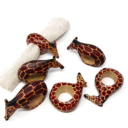 KWF012_G - Giraffe Wooden Napkin Rings - Handcarved Mahogany, Set of 6 - color: Giraffe