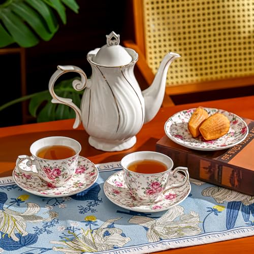 Agyiuns tea cups and saucers ceramic coffee mug 6oz for Coffee, Latte, Cafe Mocha (Big flowers-Set of 4) - color: Big flowers-Set of 4