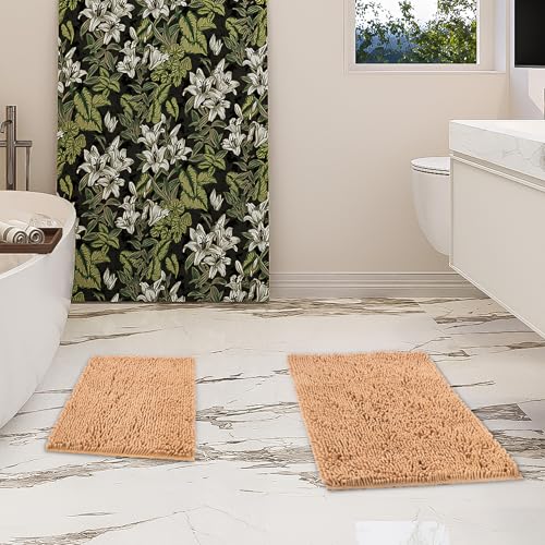 Chenille Bathroom Rugs Set 2 Piece, Absorbent Bath Rugs, Non-Slip Bath Mats, Machine Washable Rugs for Bathroom Floor, Tub and Shower, Beige (20 × 30 Plus 17 ×24 - Inch) - color: Beige