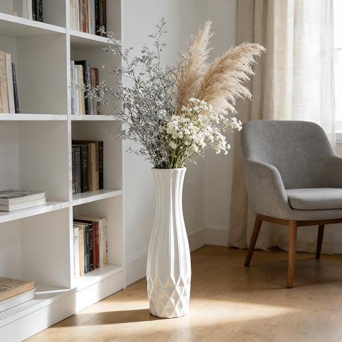 White Tall Ceramic Floor Vase, 24 Inch, Flared Geometric Design | Glossy Glazed Finish, Living Room, Fireplace, Entryway, Pampas Grass - color: Shape 2, size: 24 Inch