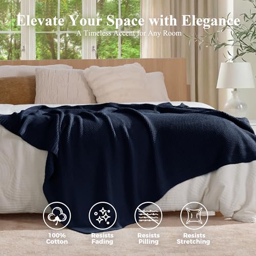 100% Cotton Cable Knit Throw Blanket, Large Lightweight Soft Knit Blanket for Sofa Couch Bed, Breathable All-Season Throw, Cozy Decorative Blanket, 60 x 80 Inch,Navy - color: Navy, size: Twin(60" X 80")