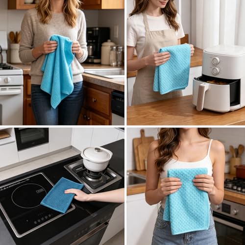 8 Pack Kitchen Towels and Dishcloths Set, 100% Ring Spun Cotton 16 x 25 inches Kitchen Towels and 13 x 13 in Dish Cloths Super Soft and Absorbent Towels Set - color: Ocean