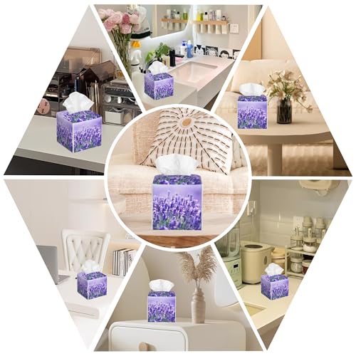 Lavender Flowers Tissue Box Cover Square, Tissue Box Holder with Bottom Belt Leather Facial Paper Organizer Dispenser for Bathroom Bedroom Dresser Night Stand Tabletop - color: Lavender Flowers