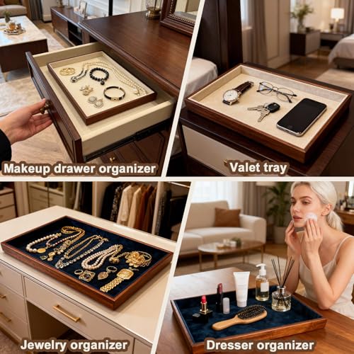Large Solid Wood Jewelry Watch Tray, Velvet Jewelry Board Display Trays for Key Wallet Ring,Stackable Wooden Jewelry Drawer Organizer Showcase Jewelry Holder(Beige) - color: Beige
