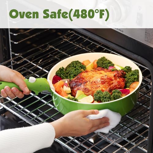 SENSARTE 17 Piece Ceramic Detachable Handle Pots and Pans Set Green | Ceramic Cookware Set, Induction Cookware Set with Removable Handle, Healthy Non Stick for RV, Dishwasher & Oven Safe - color: Green, size: 17 Piece
