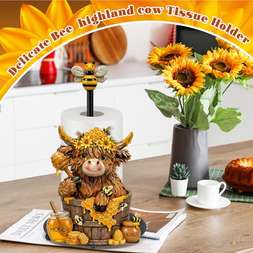 Bee Highland Cow Paper Towel Holder Sunflower Honey Kitchen Bathroom Decor Farmhouse Large Metal Highland Cow Honeycomb Towel Holder Stand with Round Base for Home Countertop Accessories - style: Honey Bee