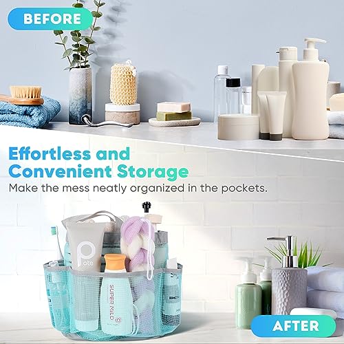 EUDELE Mesh Shower Caddy Portable, 8-Pocket Large Capacity, Quick Dry, Easy Clean, for Beach, Swimming, Gym, Travel - color: Mint Green-Grey