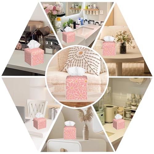 Pink Retro Groovy Flower Tissue Box Cover Square, Tissue Box Holder with Bottom Belt Leather Facial Paper Organizer Dispenser for Bathroom Bedroom Dresser Night Stand Tabletop - color: Pink Retro Groovy Flower