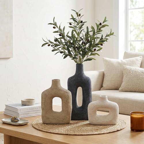 DREAMLOOM Ceramic Vase Set of 3, Black | Square Cutout, Farmhouse Rustic, Wabi-Sabi, Home Decor, Living Room Bedroom Kitchen Shelf Centerpiece - color: Antique Black Combo - Hollow Design