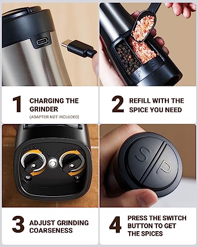 Sangcon Electric Salt and Pepper Grinder Set Shakers 2 IN 1 - USB RECHARGEABLE Salt and Pepper Mill Set All in One, Automatic Refillable Adjustable Coarseness Ceramic Grinder with Light - color: Gunmetal Classic