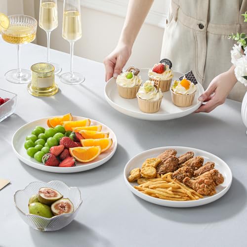 MALACASA Round 3 Tier Serving Tray, 10 Inch White Porcelain Dessert Stand | Round White Porcelain Trays with Black Metal Rack for Cupcakes, Cakes, Fruit and Appetizers, Removable, Dishwasher Safe - color: White