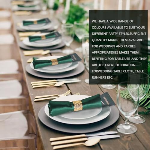 12 Pack Cloth Napkins and Gold Napkin Rings Set of 6, 17x17 Bling Trim Satin Cocktail Napkins Cloth Washable Personalized Dinner Napkins for Wedding Party Holiday Decorative | 17x17 Inch Personalized Green Napkins Set, Washable Fancy Dinner & Cocktail Nap