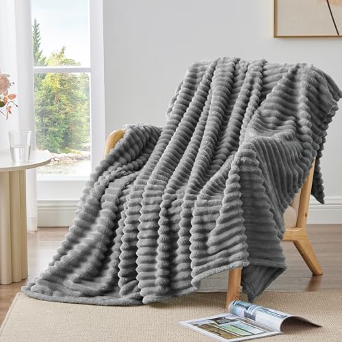 Nookly Grey Twin Size Fleece Blanket, Soft Lightweight Ribbed Plush Bed Blanket, Cozy All-Season Striped Fleece Twin Throw for Bedroom and Home, 60x80 Inches - color: Grey, size: Twin(60"x80")