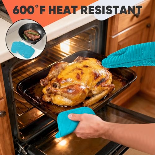 Oven Mitts Kitchen Towels and Dishcloths with Pot Holders Sets, Oven Gloves Hot Pads 500°F Heat Resistant with Silicone Grip, Include 2 Cooking Gloves/2 Potholders/4 Kitchen Towels/4 Dish Towels - color: Lake Blue